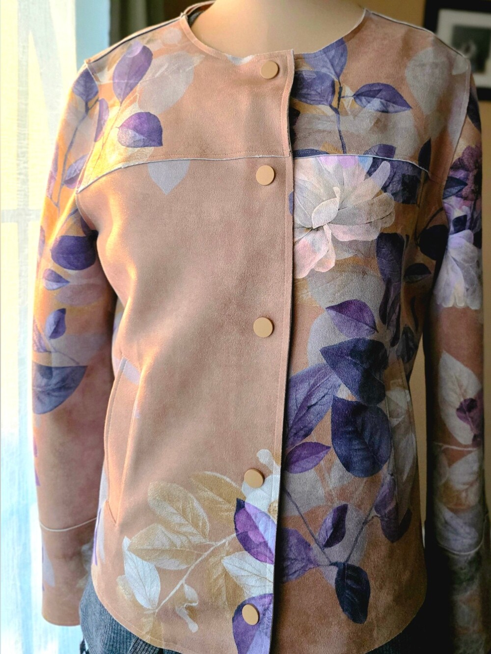 NWT Floral Faux Suede Jacket Taupe Purple Botanical Fall Chico's Small 4/6